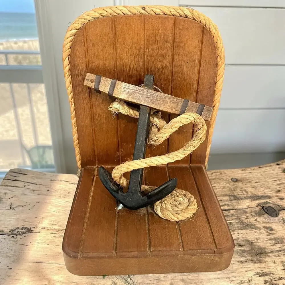 Vintage Nautical Wood Anchor Rope Bookends Pair Made in Taiwan Coastal Decor